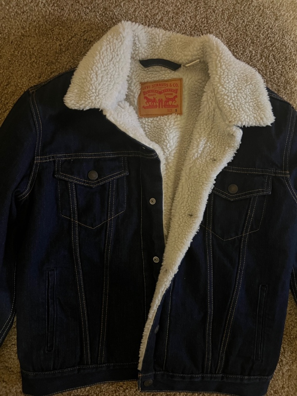 Levi's Dark Blue Denim Jacket with White Sherpa Collar